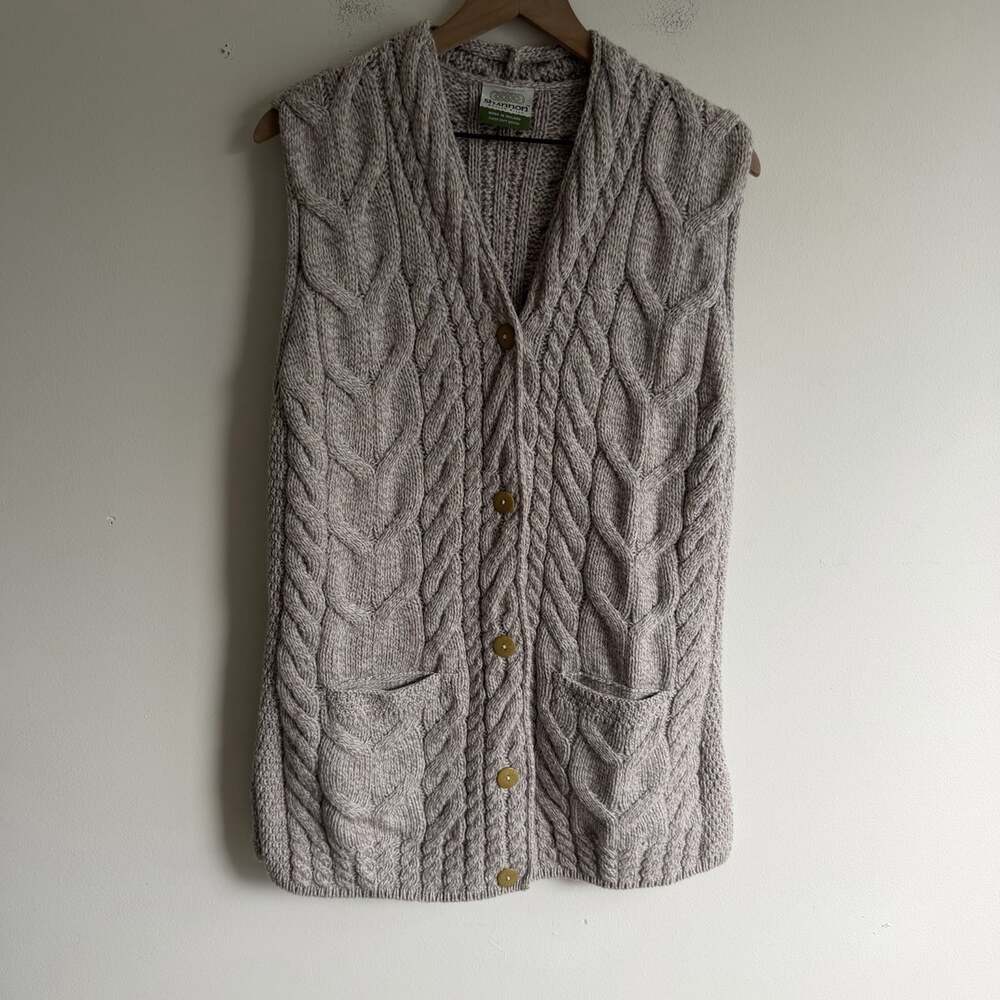 Shannon Woolen Mills Merino Wool Cable Knit Sweater Vest Sz L Tan Aran Ireland